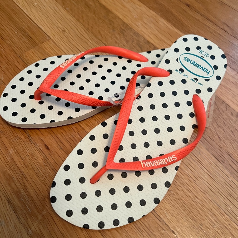 Havaianas Black and White Polka Dot Flip Flops with Orange Straps